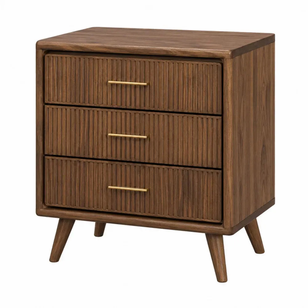 Mesita de noche con 3 cajones 50 cm x 40 cm x 60 cm madera nogal MDF con patas cónicas y tiradores metálicos dorados
