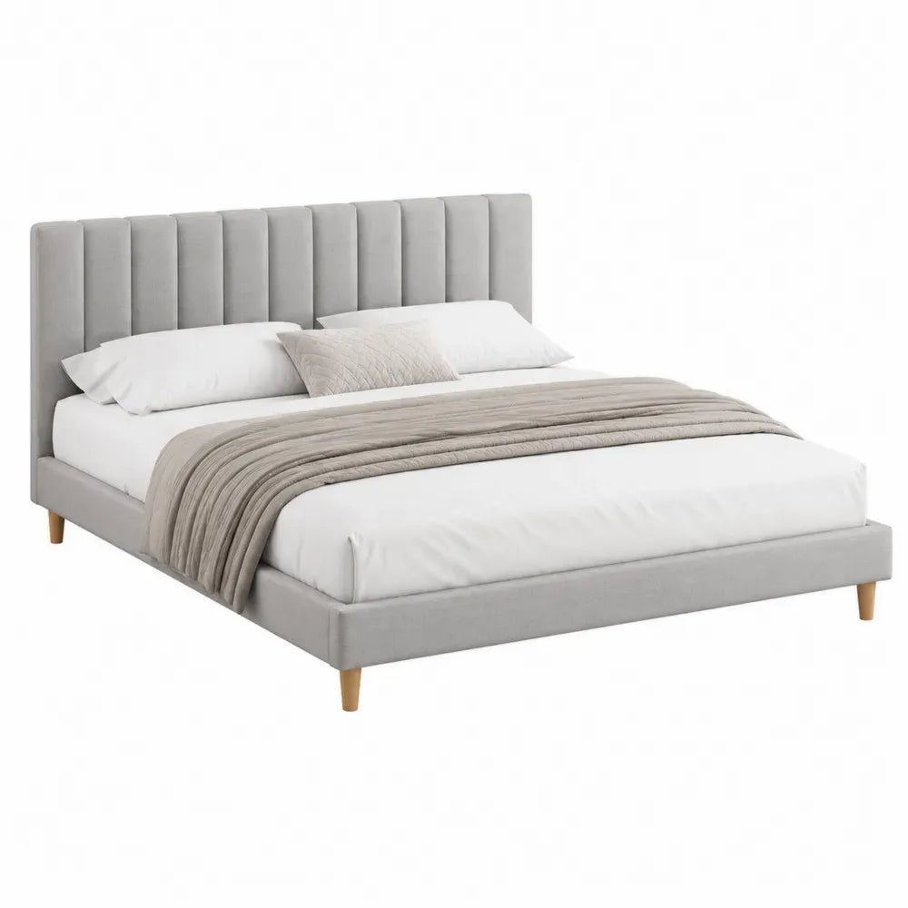 Cama tapizada MDF y tejido poliéster gris claro para colchón 160 x 200 cm