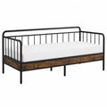 Cama diván individual de metal negro y MDF efecto madera natural 200 cm x 90 cm x 85 cm con colchón blanco estructura de listones