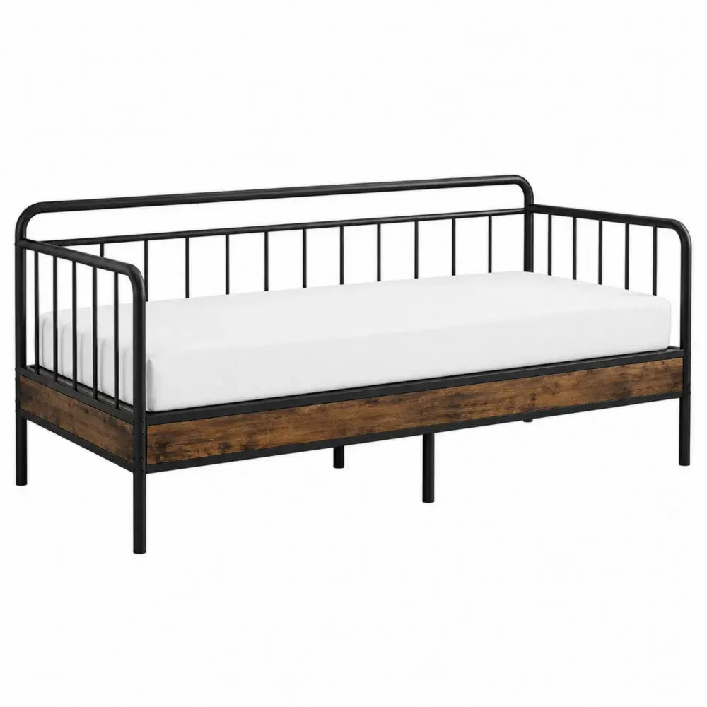 Cama diván individual de metal negro y MDF efecto madera natural 200 cm x 90 cm x 85 cm con colchón blanco estructura de listones
