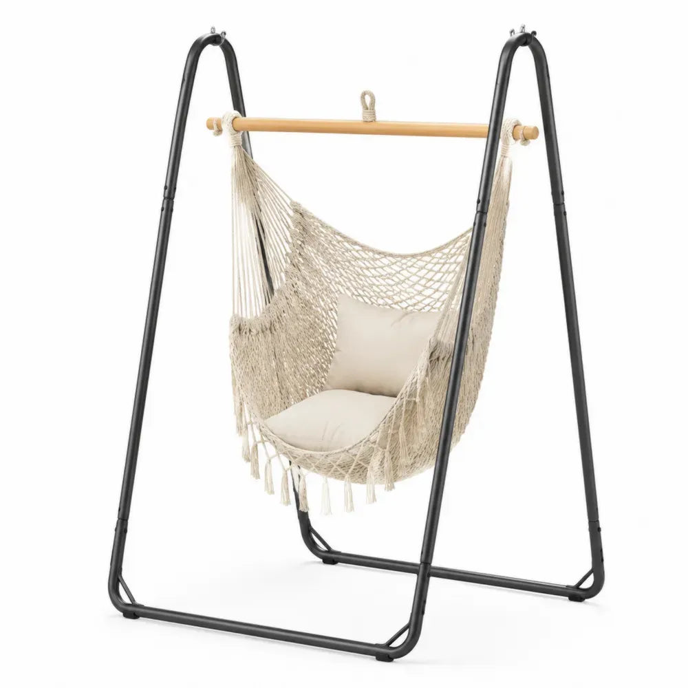 silla colgante con soporte de metal negro hamaca con cuerda algodón poliéster cojines beige estructura tipo A 100 cm 90 cm 190 cm
