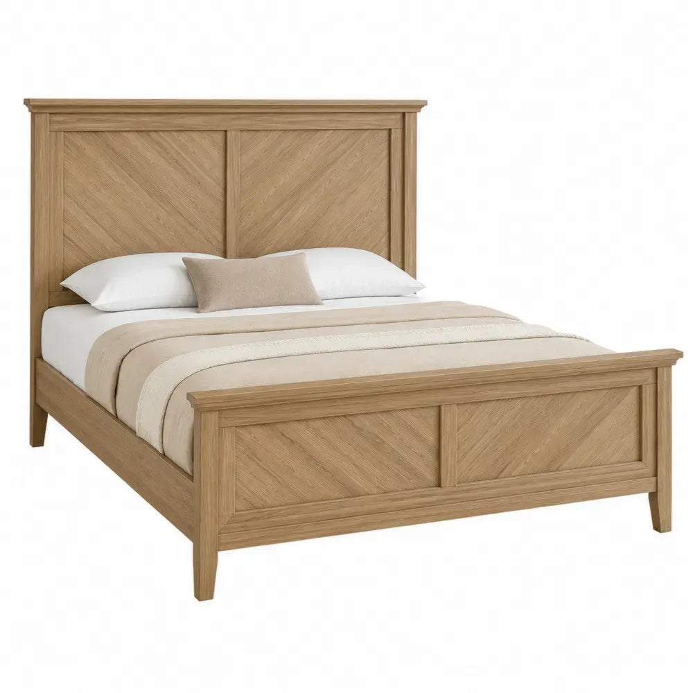 Cama doble de madera roble claro con cabecero y piecero panelados para colchón 160 x 200 cm