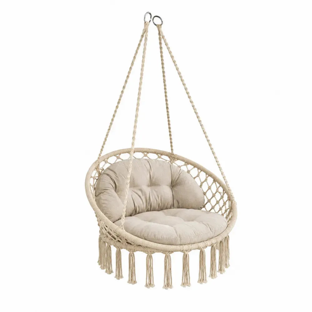 silla colgante redonda de macramé de algodón beige natural con cojín acolchado 80 x 80 x 120 cm