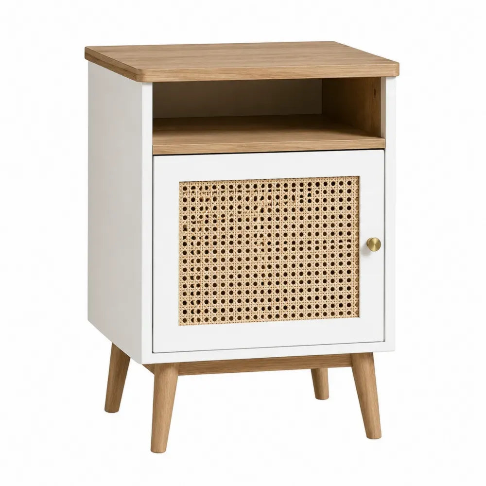 Mesita de noche rectangular MDF blanco con puerta de ratán y tablero efecto roble 50 x 40 x 60 cm