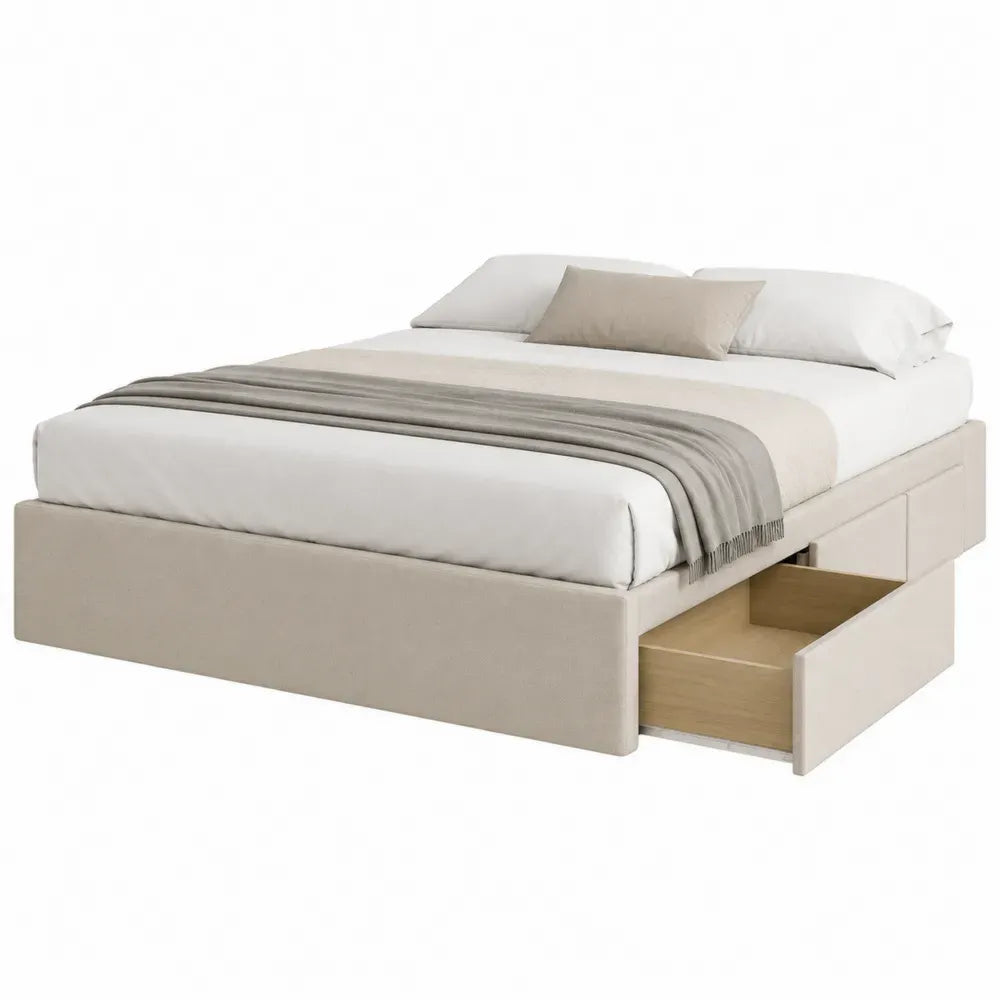Cama tapizada con almacenamiento y cajones MDF tejido beige con estructura de madera y cabecero acolchado sin dimensiones especificadas