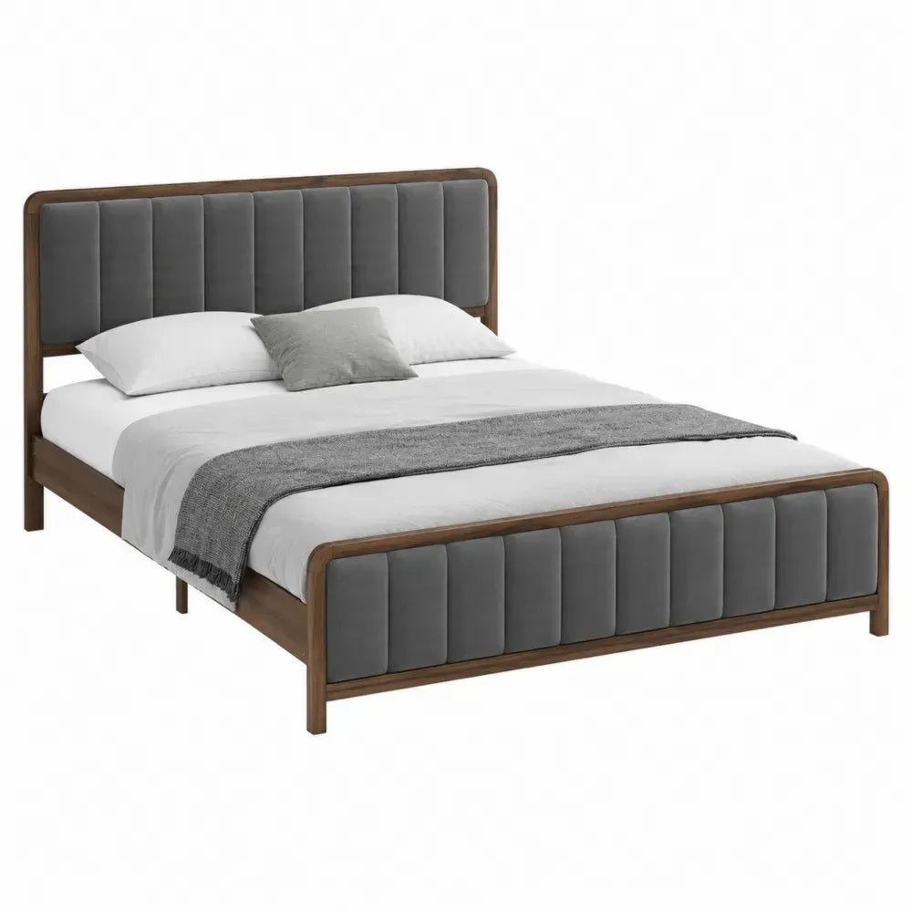 Cama doble con estructura MDF y pino tapizado gris oscuro madera nogal para colchón 160 x 200 cm
