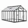 Invernadero de aluminio negro y vidrio templado con puerta frontal abatible y ventilación en techo estructura rectangular 200 x 300 x 210 cm