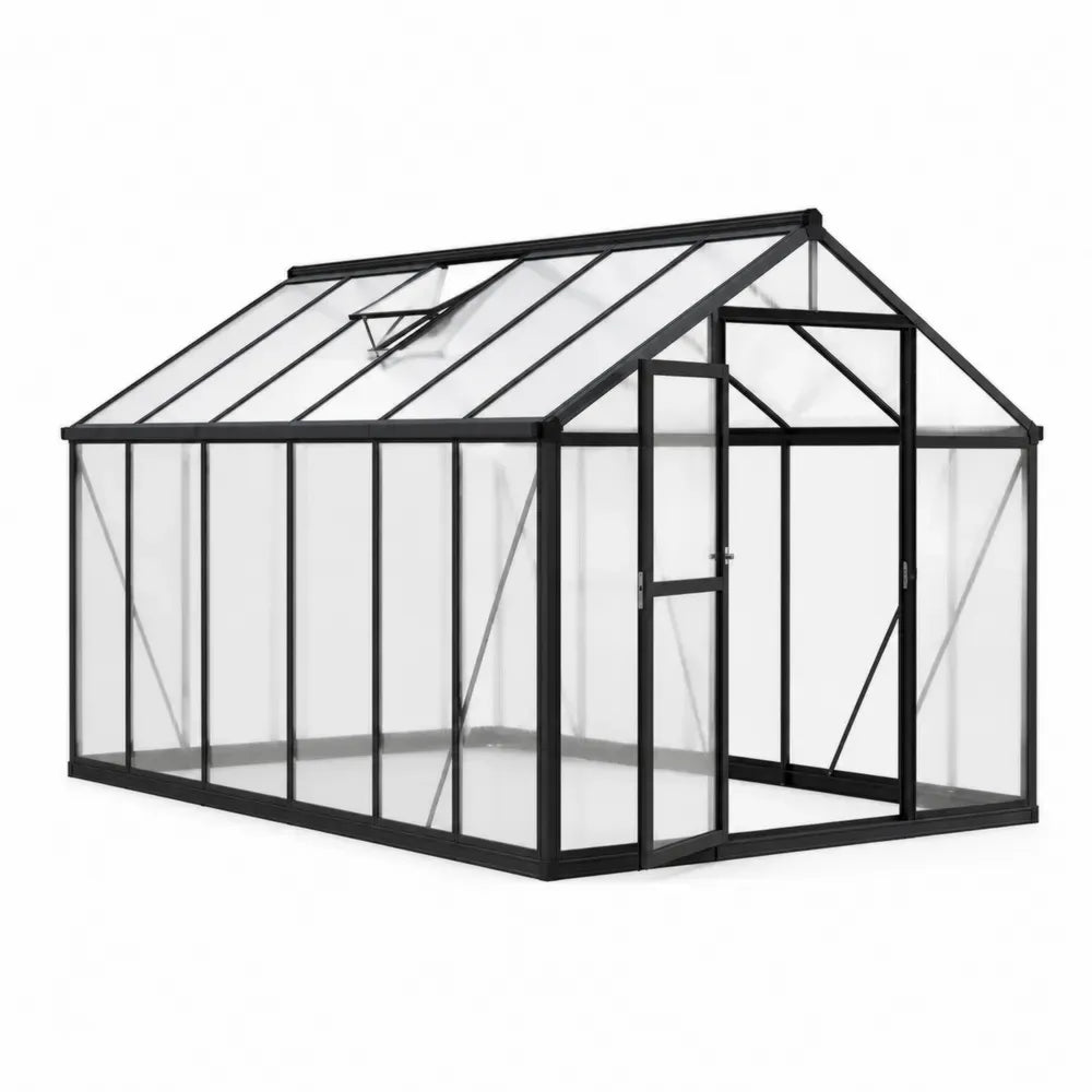 Invernadero de aluminio negro y vidrio templado con puerta frontal abatible y ventilación en techo estructura rectangular 200 x 300 x 210 cm
