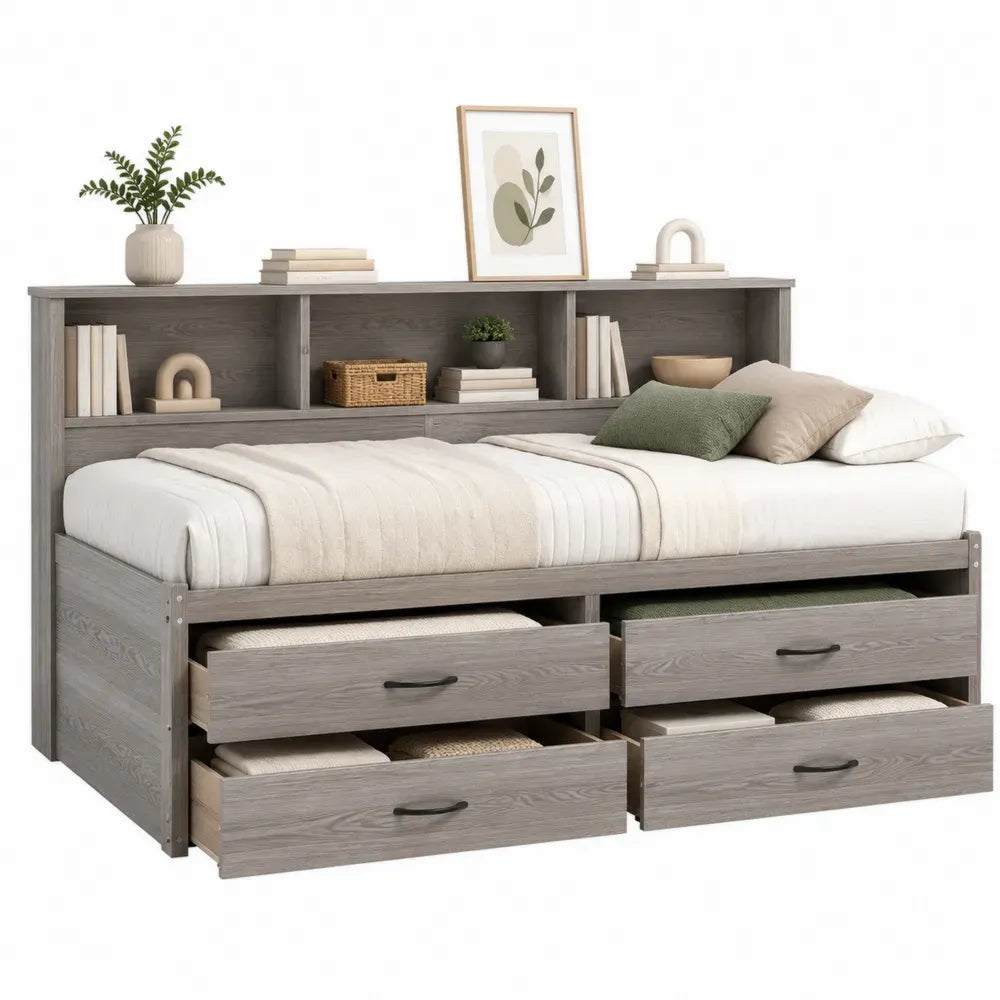 Cama individual con almacenamiento 90 cm x 200 cm con cajones y cabecero con estantes tablero de partículas melamina gris roble estructura rectangular
