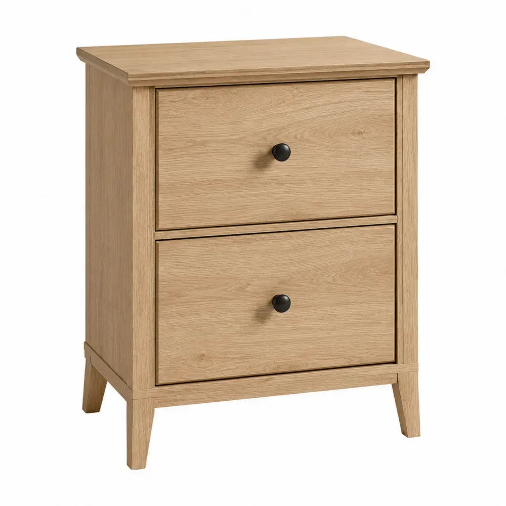 Mesita de noche de madera MDF efecto roble claro con 2 cajones tiradores metálicos negros patas de madera maciza 50 x 40 x 60 cm estructura rectangular