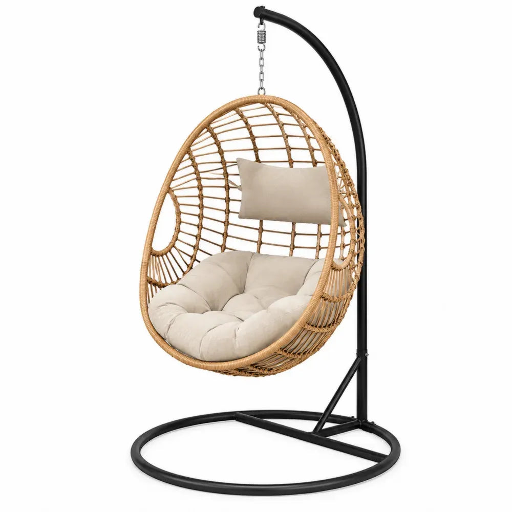 silla colgante tipo huevo con soporte metálico 195 cm ratán PE base circular negro cojín beige estructura exterior para exterior e interior
