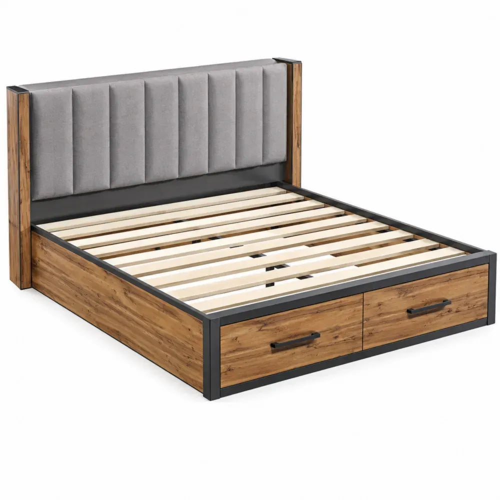 Cama tapizada con almacenamiento y cajones madera MDF acero tejido poliéster gris 160 cm x 200 cm x 110 cm base de láminas estructura rectangular