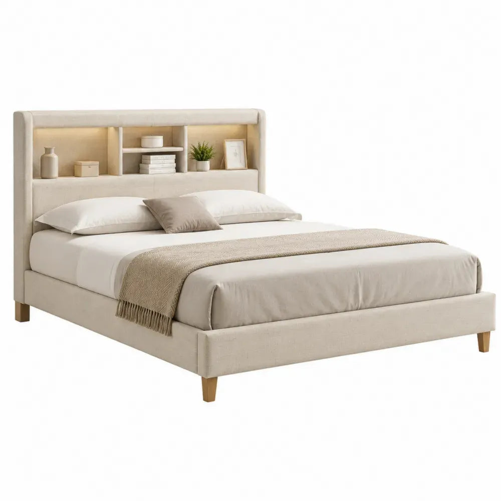 Cama tapizada con cabecero con estantes 160 cm x 200 cm MDF tejido beige estructura de madera con patas