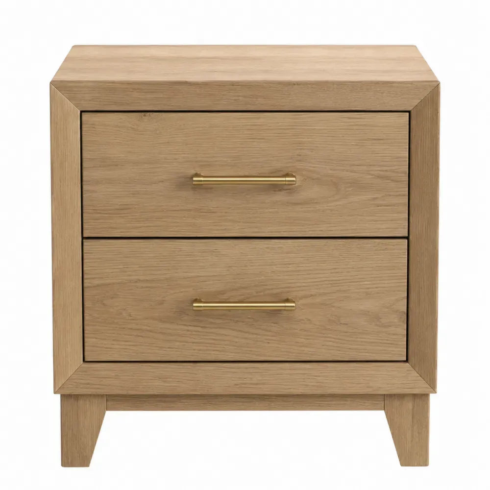 Mesita de noche con 2 cajones 50 cm x 40 cm x 55 cm MDF acabado roble natural con tiradores metálicos dorados y patas de madera