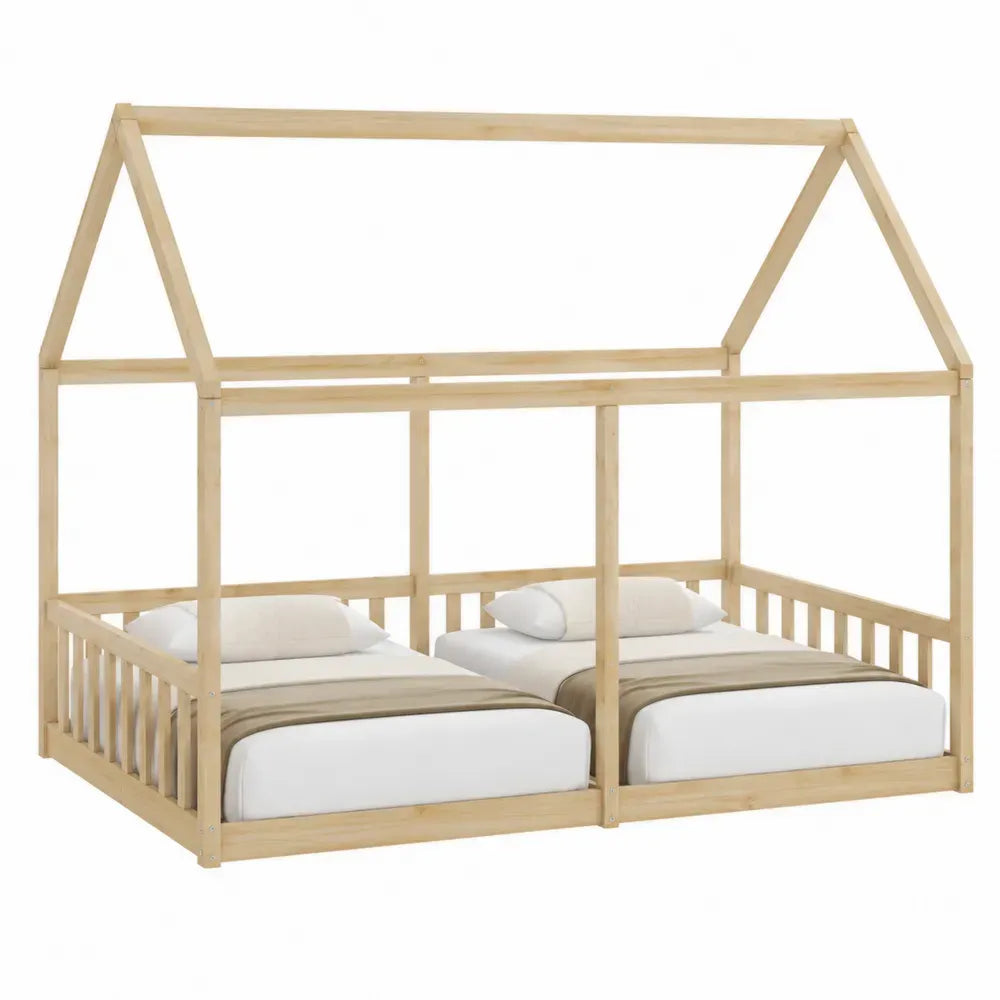 Cama doble tipo casa con estructura de techo madera maciza de pino Color natural 205 cm x 190 cm x 190 cm dos camas 90 x 200 cm