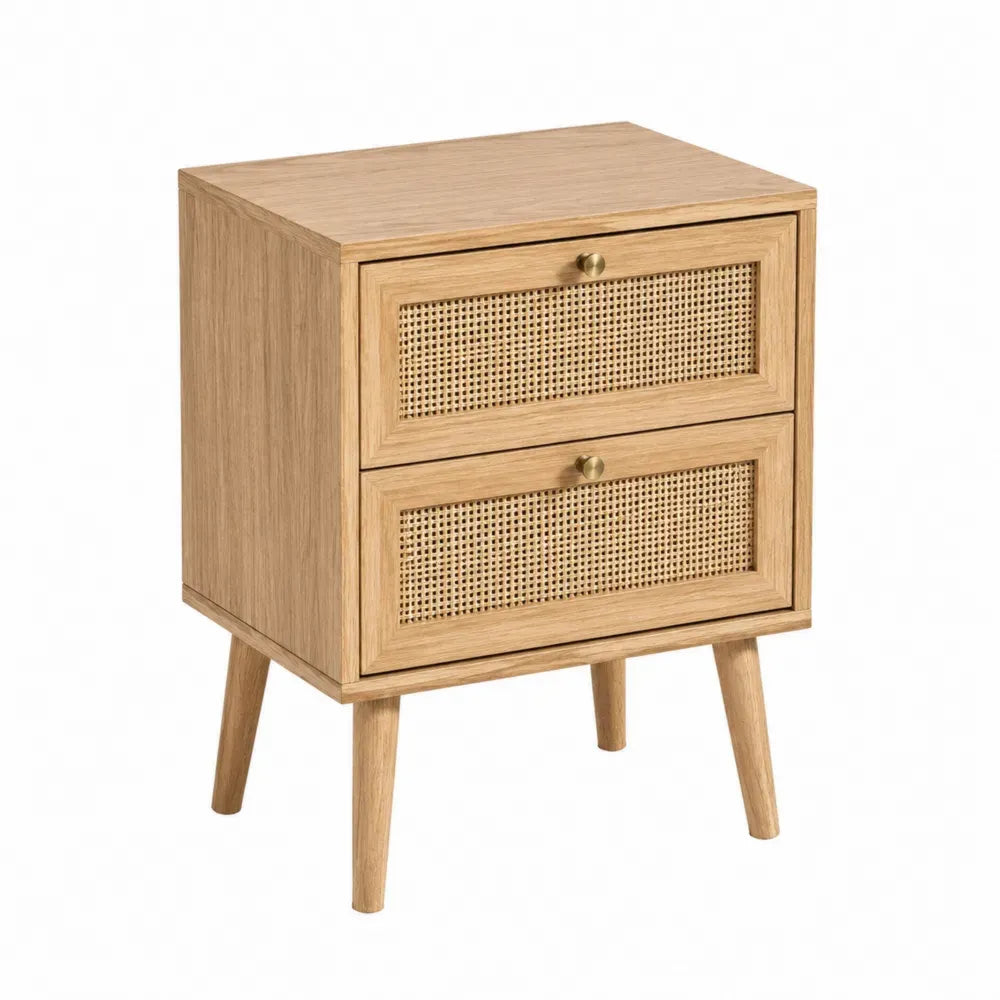 Mesita de noche rectangular con 2 cajones MDF madera clara y ratán natural 50 x 40 x 60 cm