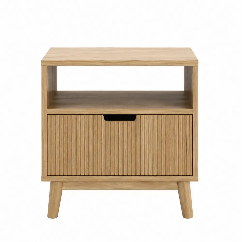 Mesita de noche con cajón frontal y estante abierto 50 cm x 40 cm x 55 cm MDF roble natural con patas de madera